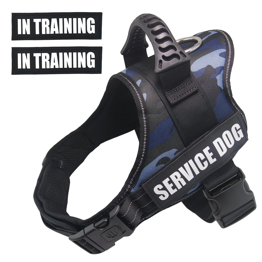 Arnês SafeWalk camuflado azul e dois emblemas de velcro com texto em inglês