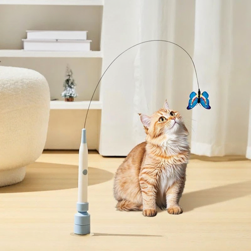 Gato a olhar para a borboleta do brinquedo AutoHunt fixado ao chão