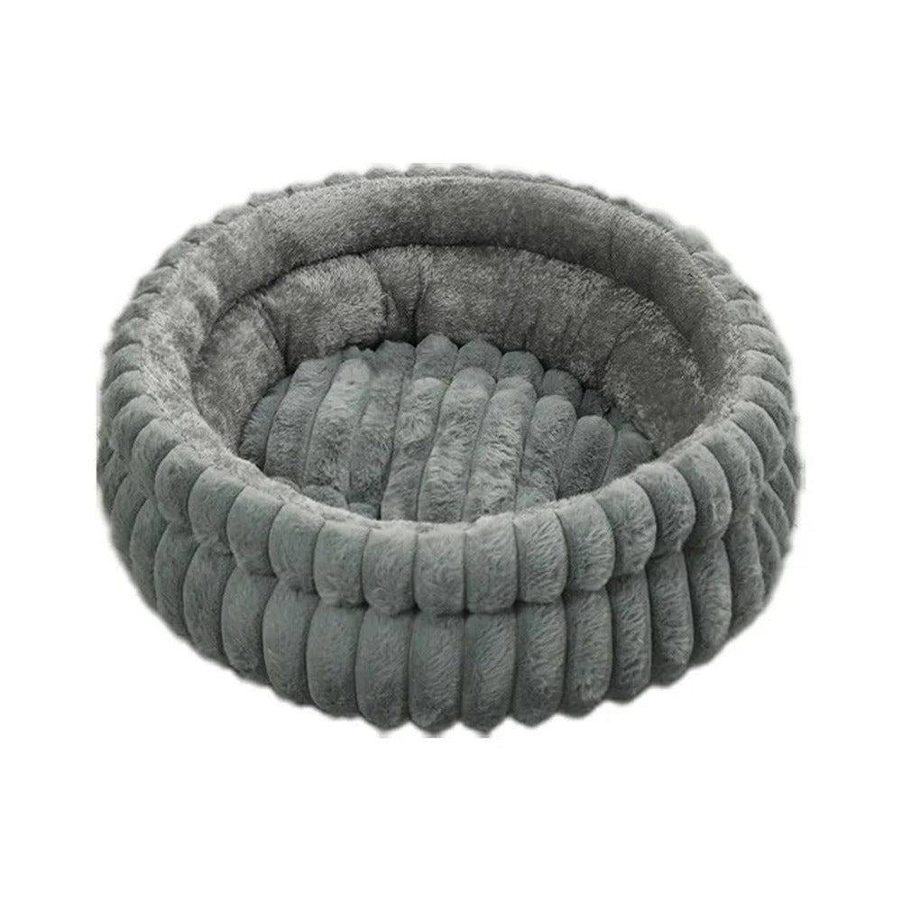 Cama CalmNest cinzenta, de pelúcia, com rebordo à volta