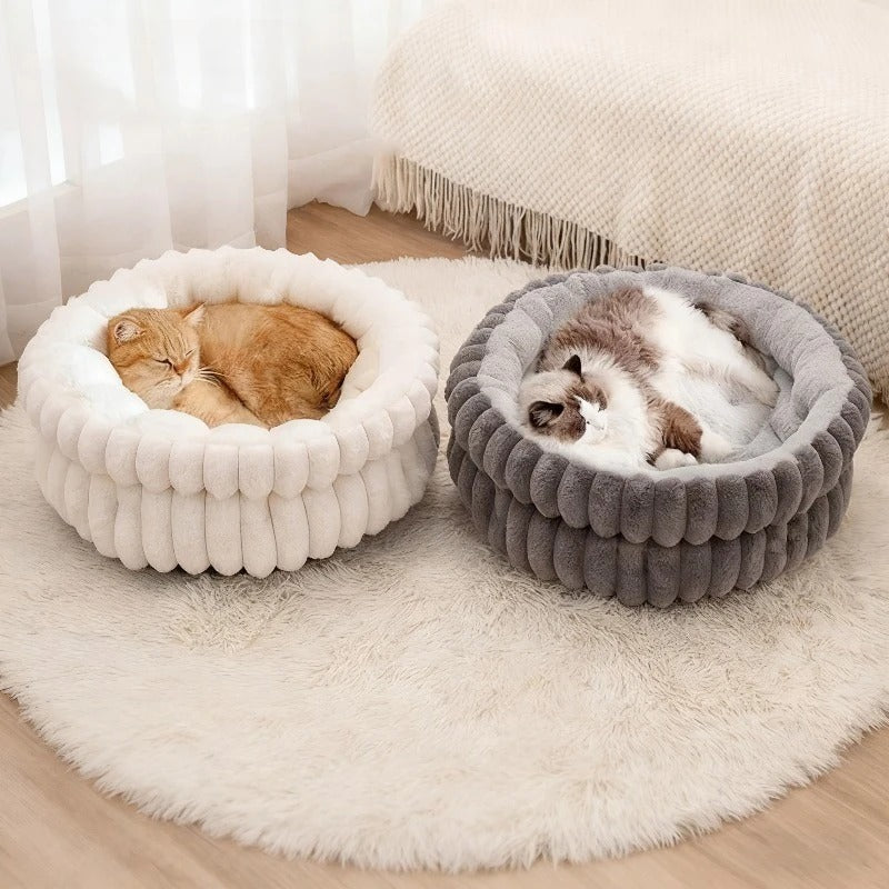 Camas CalmNest branca e cinzenta, lado a lado, com um gato a dormir em cada uma