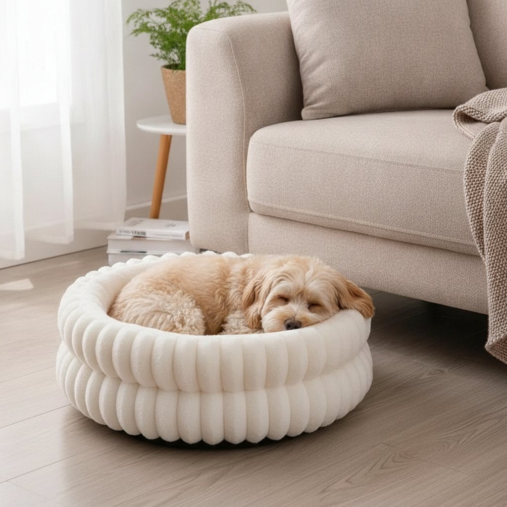 Cão pequeno a dormir na cama redonda CalmNest branca, numa sala
