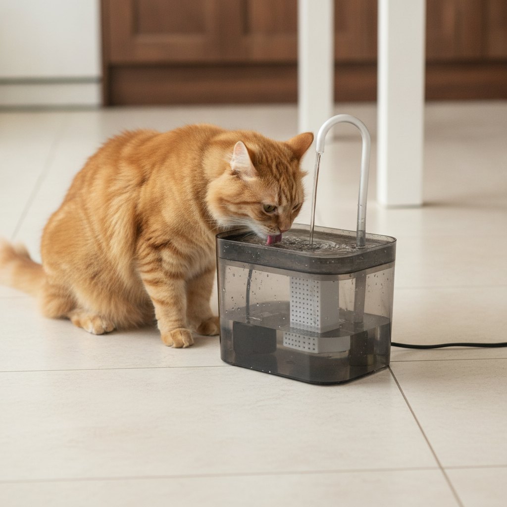 Gato laranja a beber água da fonte FreshFlow na cozinha