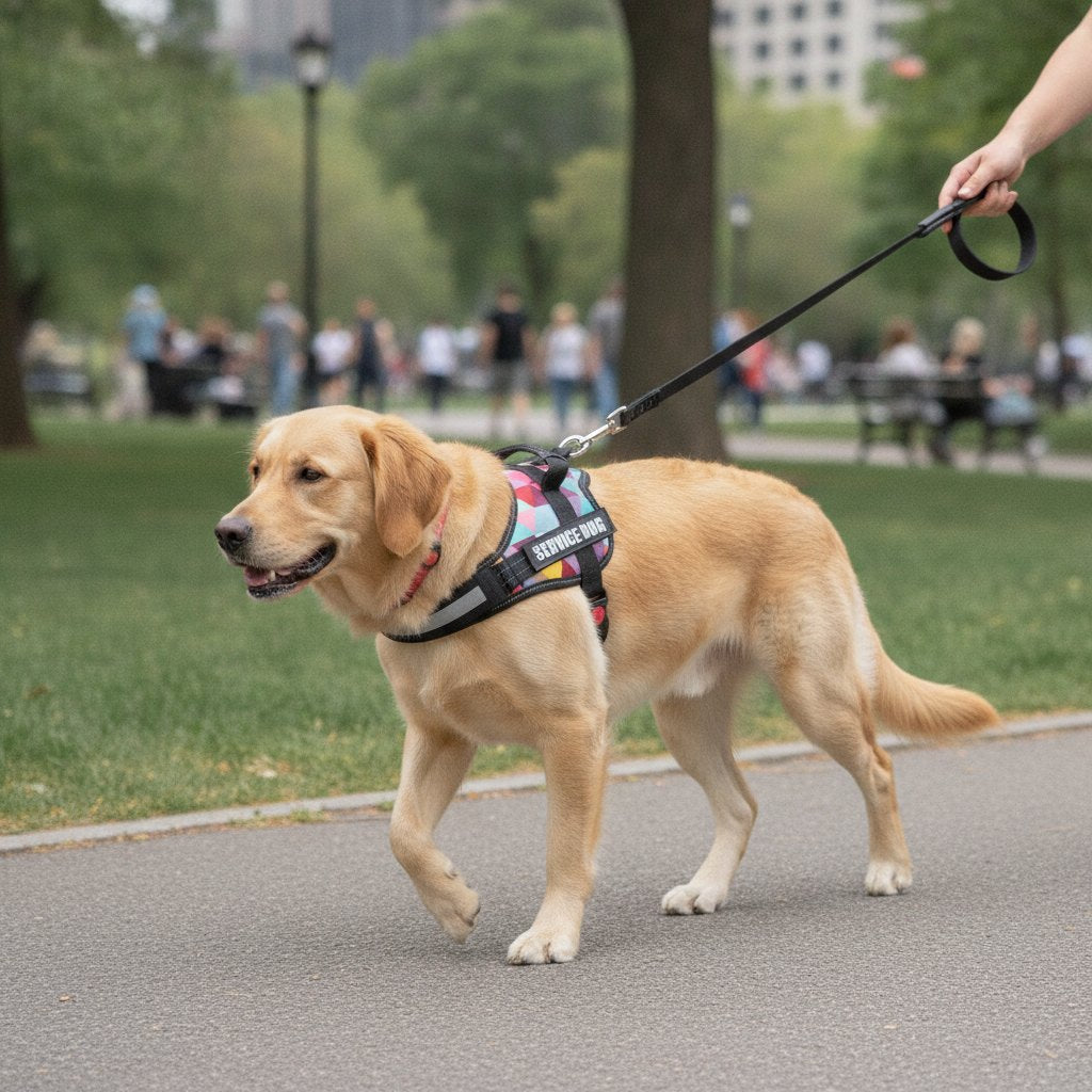 Cão a passear com trela e o arnês SafeWalk colorido num parque