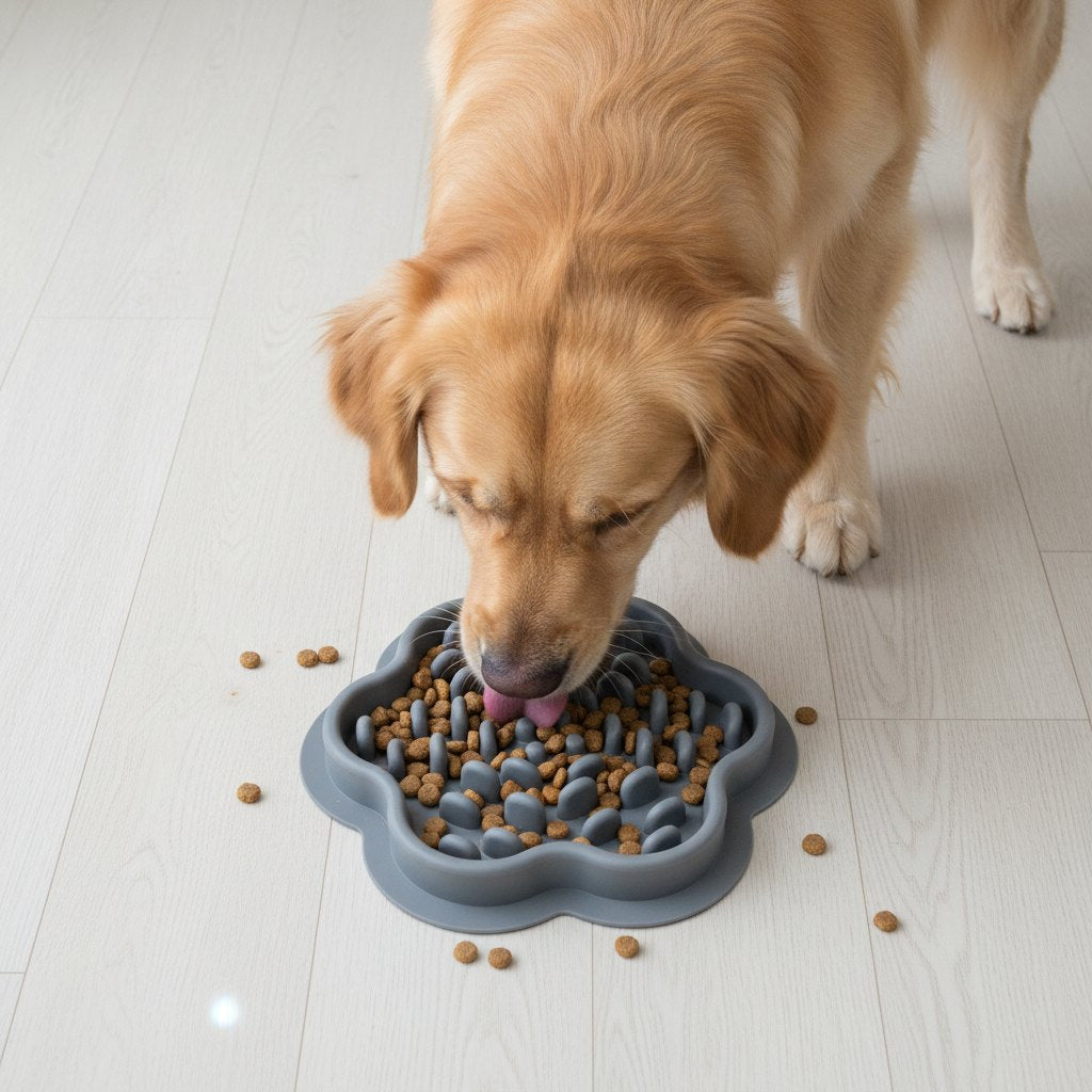 Cão a comer ração no comedouro SlowBite cinzento